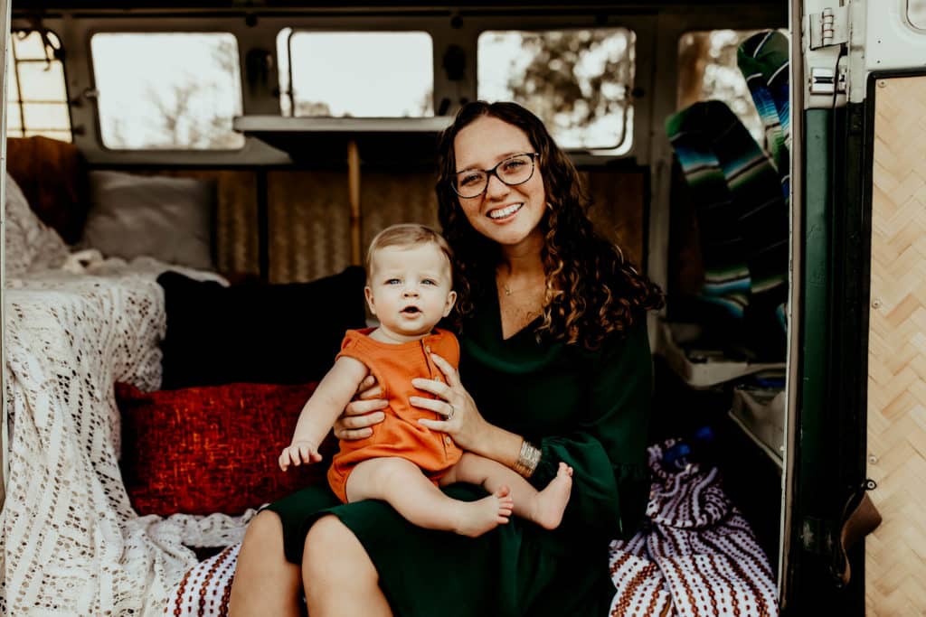 Vintage VW Van photo session of mother and baby boy