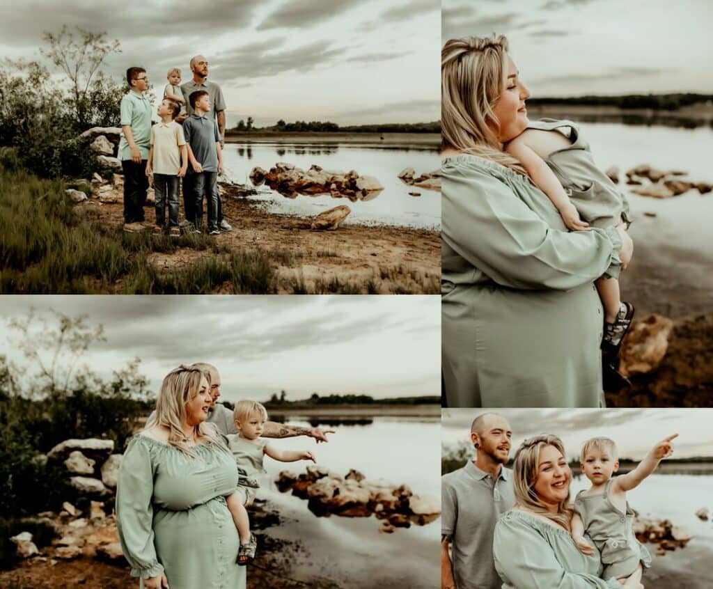 Candid family loving on one another with a beautiful, rocky lake background located at Flat Creek in Perry GA
