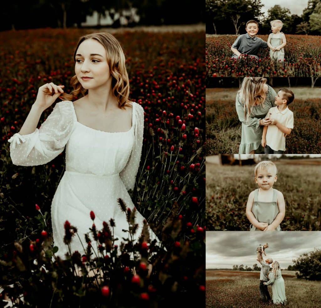 Candid family in the middle of a red clover field in Perry ga captured by Fire Family Photography