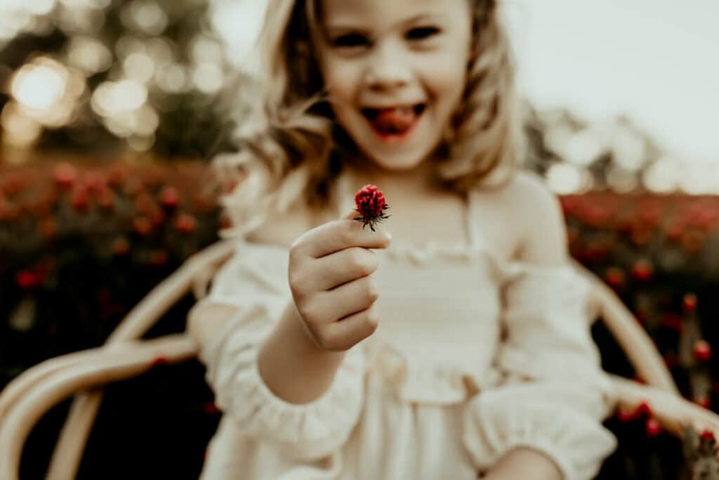 Detail shot captured by Fire Family Photography of a red clover in a little girls hand